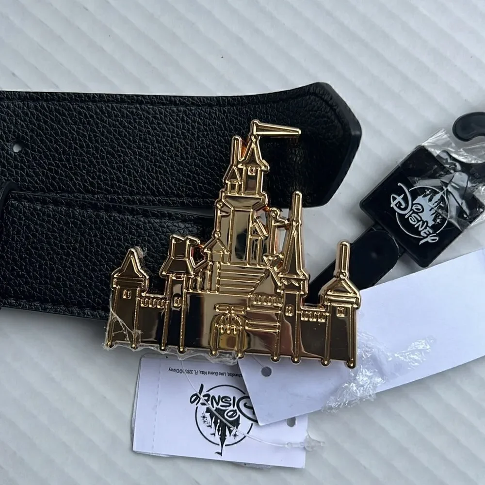 Disney Parks Gold Fantasyland Castle Buckle Black Belt - NWT